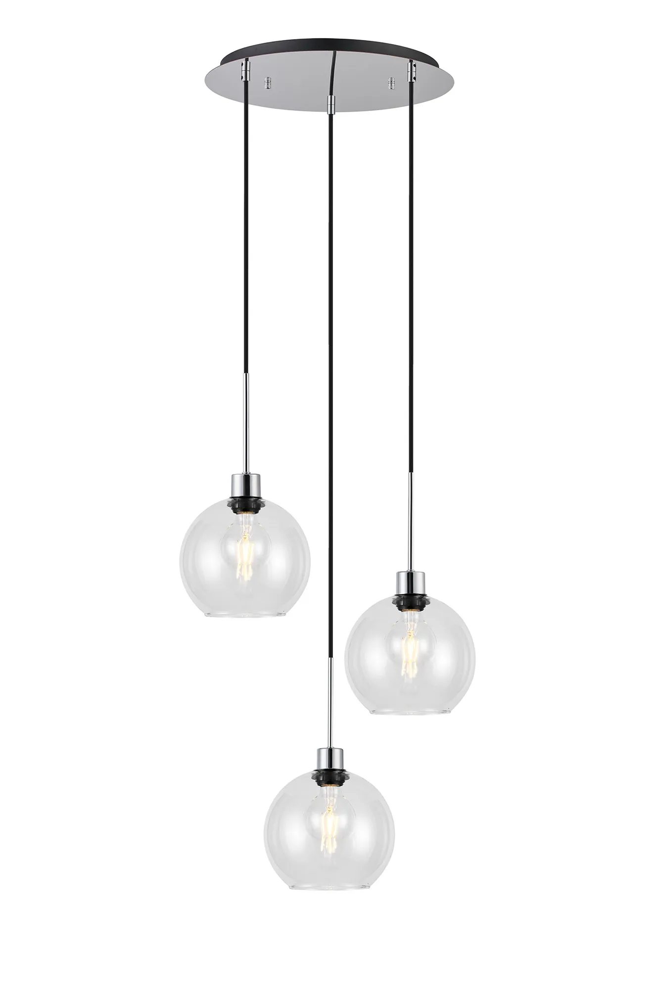 DK1272  Lori cm Round Pendant, 3 Light Adjustable E27, Polished Chrome/Clear Open Mouth Round Globe Shades